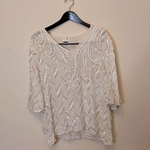 Vintage Royal Beaded Silk Blouse Ivory XL